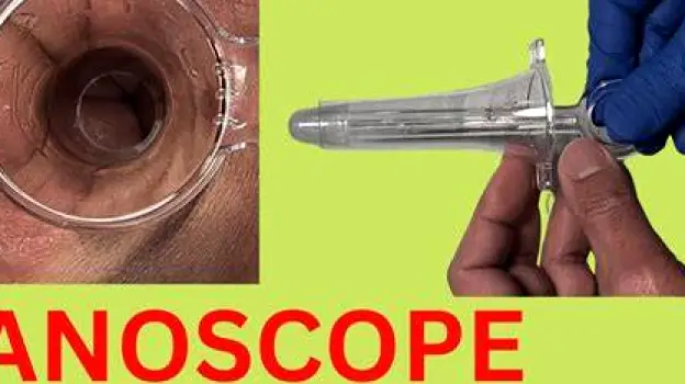 A clinician using a small lighted anoscope to examine just inside the anal canal