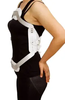 Flexible elastic waist belt, semi-rigid back brace with rigid panels, and molded rigid orthosis placed side by side
