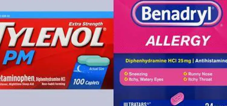 Cold and allergy medication box showing diphenhydramine and acetaminophen on the label