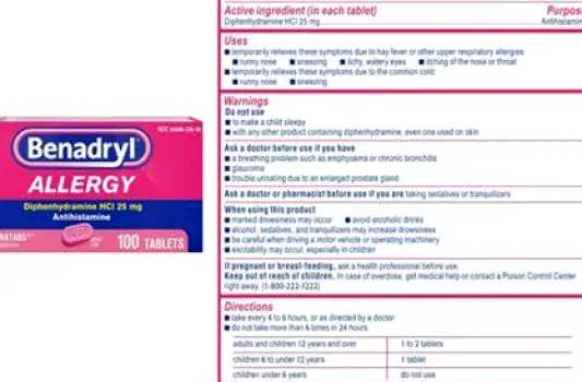 Label panel on a Benadryl bottle listing diphenhydramine 12.5 mg per 5 mL and dosage instructions