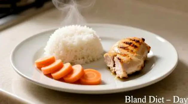 A flat lay of bland foods including a sliced banana, a bowl of white rice, a bowl of boiled potatoes, a slice of toast, a handful of crackers, a small bowl of carrots, and a skinless baked chicken breast
