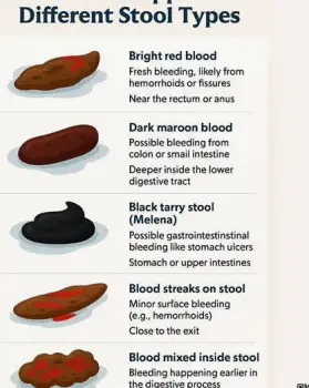 Toilet bowl with a formed stool showing a thin streak of bright red blood coating its outer surface