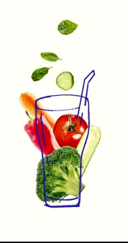 Glass of carbonated beverage with a straw beside beans and broccoli and cabbage on a table