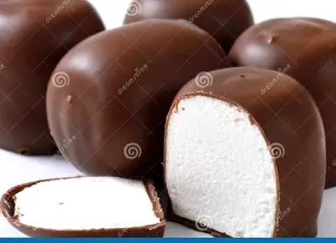 Marshmallows coated in chocolate alongside plain and cinnamon-dusted marshmallows