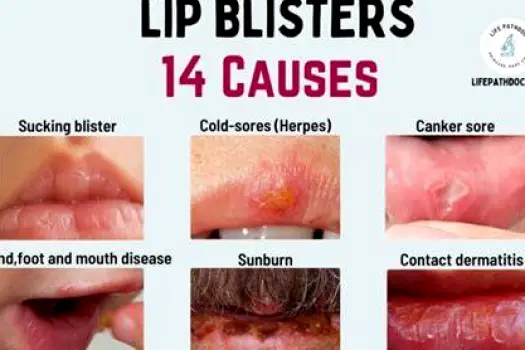 Group of small fluid-filled blisters on the edge of the upper lip