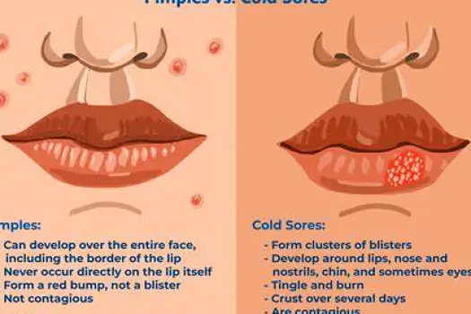 Front view of a lower lip with a cold sore on the lip surface and a pimple on the skin just outside the lip border
