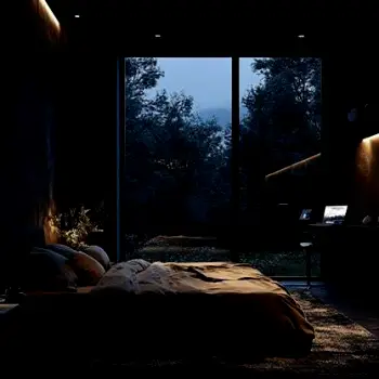 Dim bedroom with a made bed, minimal ambient light, and a white-noise machine beside the bed