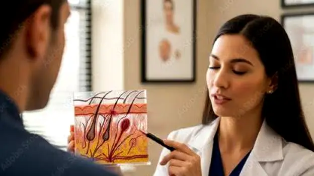 Dermatologist speaking with a patient in a clinic consultation room