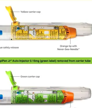 Close-up of a blue epinephrine auto-injector (EpiPen) used for emergency treatment of anaphylaxis