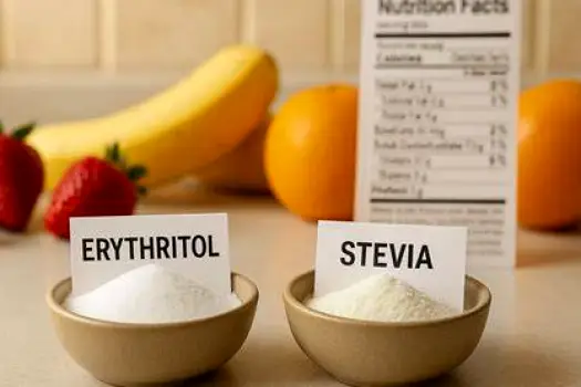 Granular white erythritol, regular sugar cubes, and fresh stevia leaves arranged together on a surface