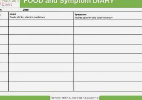 Open notebook on a kitchen table with a pen beside it, next to a plate of food and a glass, ready for recording meals and symptoms
