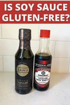 Two soy sauce bottles side by side: a regular bottle indicating wheat in its ingredients and a gluten-free bottle where rice replaces wheat.