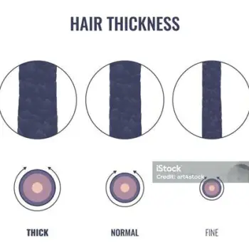 Hand holding a thick hair strand next to a standard sewing thread for the strand comparison test