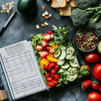 Notebook and healthy meal beside a glass of water