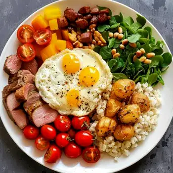 A plate with grilled chicken breast, a salmon fillet, boiled egg whites, and tofu cubes.