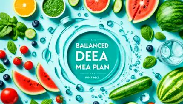 Plate featuring a balanced meal next to a glass of water, illustrating the importance of adequate fluid intake and nutrition
