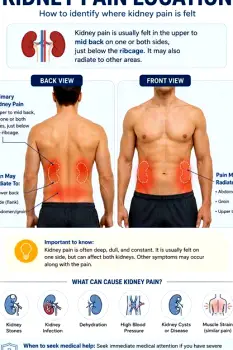 Rear view of a person's torso with the kidney area beneath the rib cage on each side of the spine highlighted