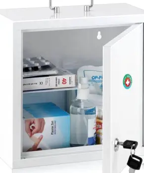 Medicine bottles in a locked cabinet