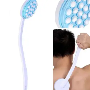 A person using a long-handled applicator to apply a thin layer of gel to the back