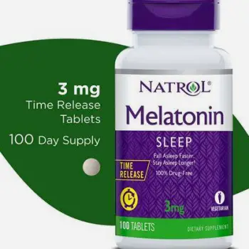 Bottle of melatonin supplement tablets