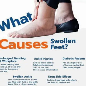 Person holding a visibly swollen ankle beside an NSAID tablet, representing the reduction of swelling and inflammation at an injury site