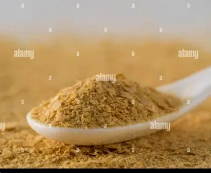 A measuring spoon holding pale yellow nutritional yeast flakes beside a small pile of flakes on a kitchen counter