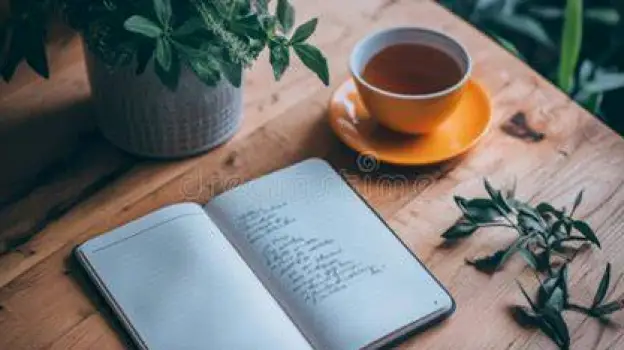 Open notebook beside a cup of tea and reading glasses