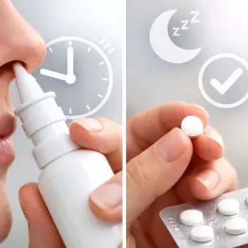 Illustration of an oral antihistamine pill alongside an intranasal corticosteroid spray bottle