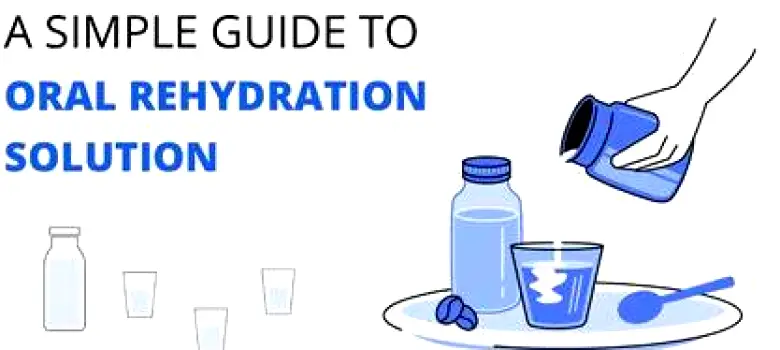 Glass of clear oral rehydration solution next to a measuring cup and electrolyte powder packet