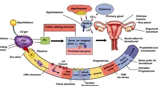 Diagram showing the hypothalamic-pituitary-ovarian axis with a developing ovarian follicle releasing an egg during ovulation
