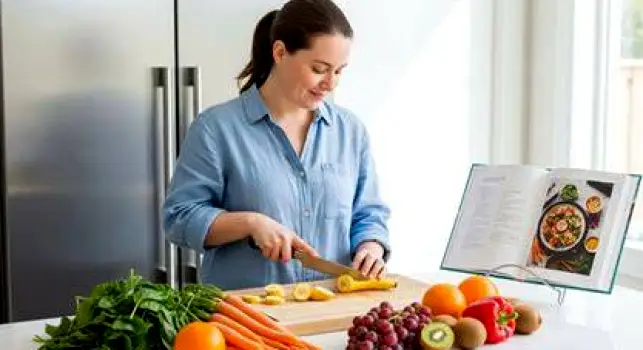 Person preparing a balanced meal in a bright kitchen