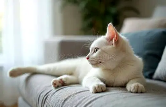 Cat resting on a sofa in a living room