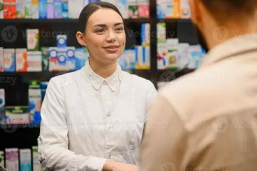 A pharmacist advising a customer about acne treatments in a pharmacy store