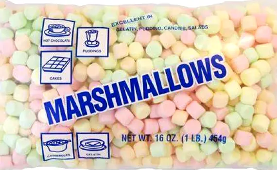 Plain marshmallows in a bag displayed alongside chocolate-covered marshmallows, a s'mores kit with graham crackers and chocolate, and breakfast cereal containing dehydrated marshmallow bits.