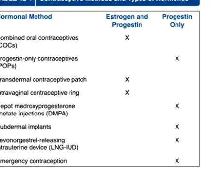 Four progestin-only contraceptive methods displayed together: a mini-pill pack, a prefilled injection syringe, a subdermal implant rod, and a hormonal intrauterine device