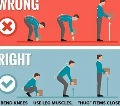 Person lifting a nearby object with bent knees while keeping the load close to the body