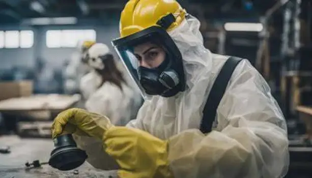 Worker wearing gloves, protective clothing, and goggles while handling fiberglass