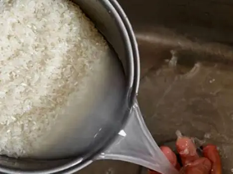 Pot of rice cooked with excess water being drained to reduce arsenic