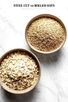 Raw rolled and steel-cut oats beside a bowl of plain oatmeal cooked in water