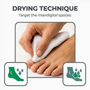 Pair of open, well-fitting sneakers with socks visible, illustrating a foot-drying step between the toes