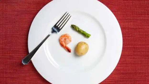 A modest portion of food arranged on a plate beside a smaller serving dish and a glass of water, showing how portion size can be adjusted at a meal