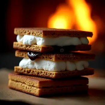 A s'more made of a toasted marshmallow and chocolate sandwiched between graham crackers