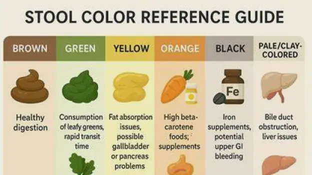 Illustration of stool color variations from dark brown to pale, gray, and clay-colored to yellow-brown, labeling each as typical, possible bile blockage, or dietary influence