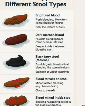 Three toilet bowls showing watery loose stool, greasy oily stool, and stool with visible mucus and blood