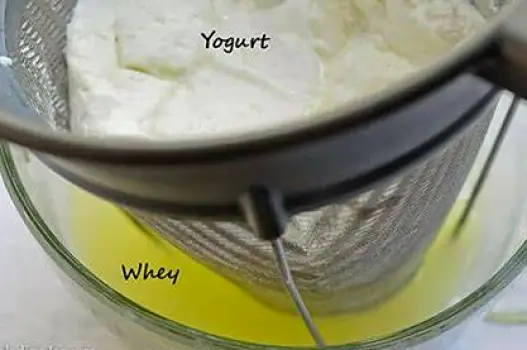 Yogurt straining through a fine mesh cloth with watery whey dripping into a bowl below, leaving thick yogurt behind