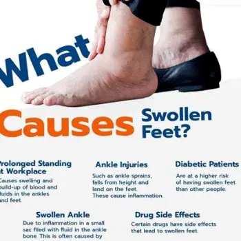 Close-up of a person's swollen ankle with visibly puffy skin