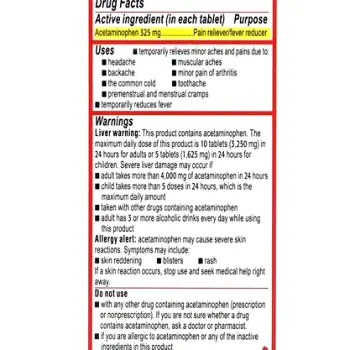 Close-up of Tylenol Regular Strength label showing liver damage warning text