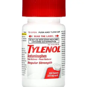Bottle of Tylenol Regular Strength acetaminophen pain reliever on a flat surface