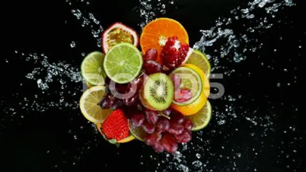 Glass of water beside fresh fruit