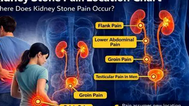 A woman clutching her left flank in sharp pain, representing wave-like back and flank pain associated with a kidney stone